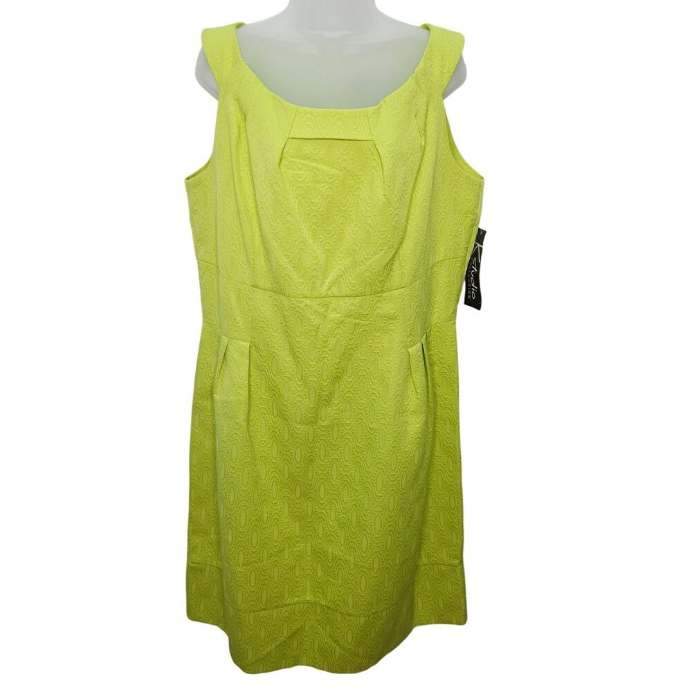 K Studio Collection Lime Green Retro Jacquard Pleated Shift Dress Office Preppy